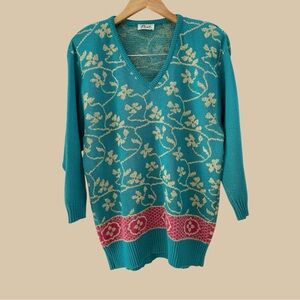 Vintage Cottagecore 80s Piroli teal metallic floral lurex sweater L slouchy boho